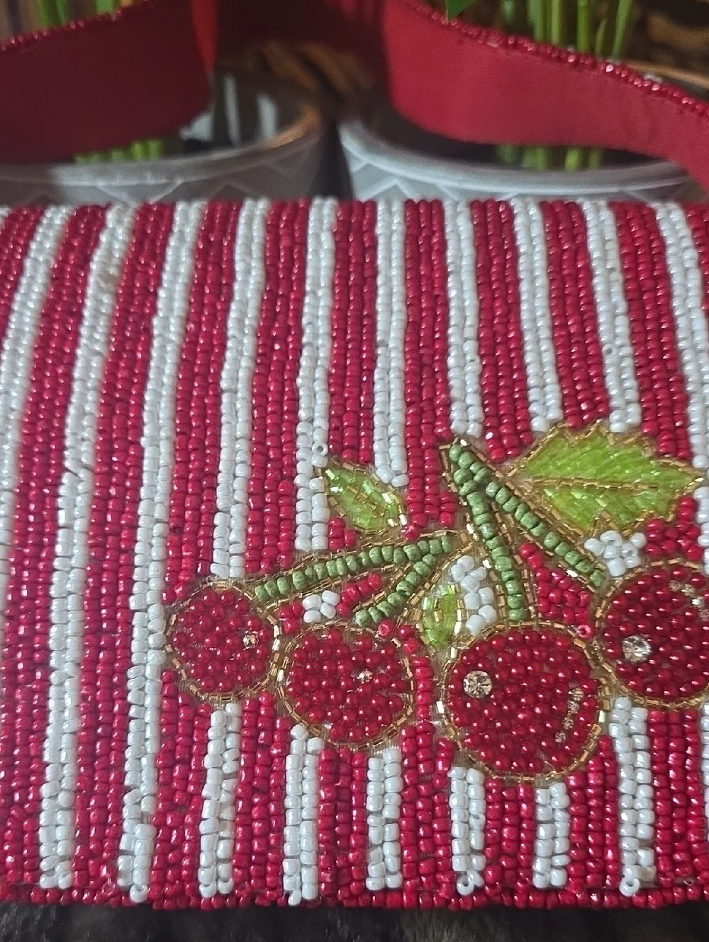 NWT STUDIO TAG SM. Red & White Striped Beaded Cherry SHOULDER BAG.